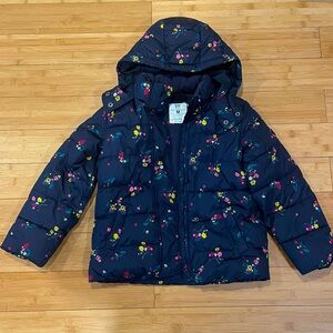 Gap Kid’s Girls Floral Print Hooded Coat Navy Puffer Sz M